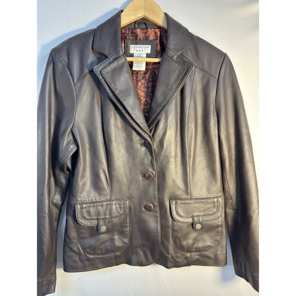 Covington Genuine Leather Blazer Jacket Womens Large Brown Button Front‎ Lined